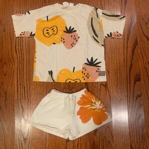 NWOT Zara Girls Veggie Day T-Shirt '& Flower Shorts | Cream Orange | 5-6 Years